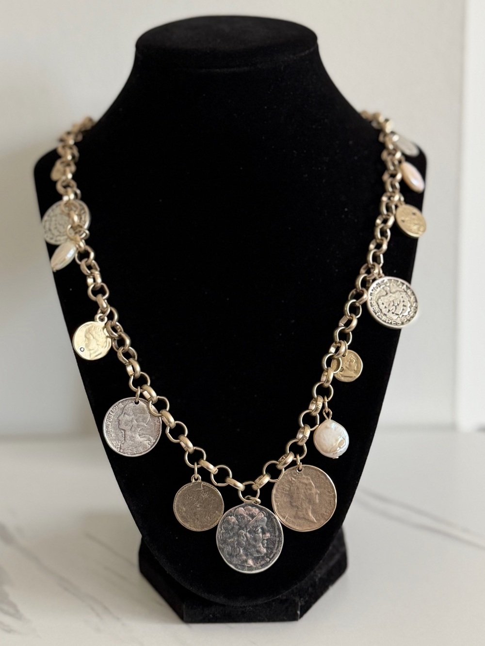 Vintage Chico's Mixed Metal Coin Charm Necklace in Gold and Silver